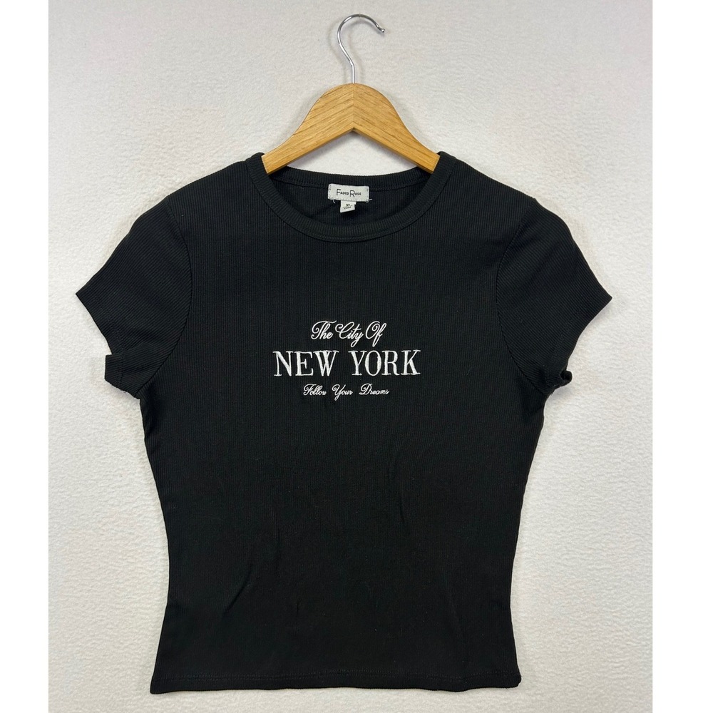 NYC Core Faded Rose Women XL Black Ribbed New York City Graphic Baby Tee